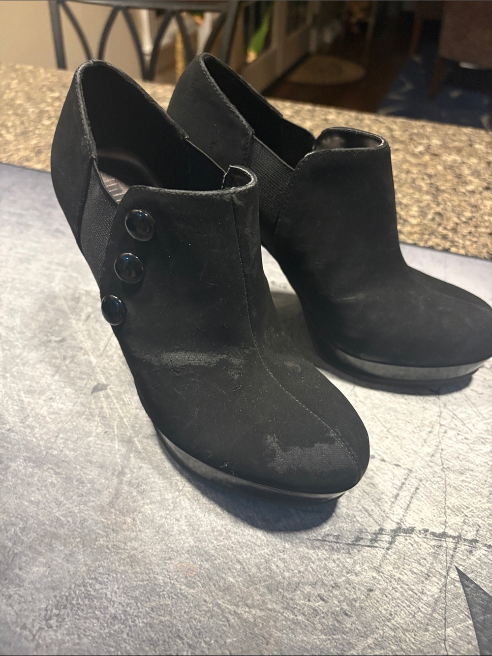 Unlisted Black Suede Button-Ankle Heeled Booties
